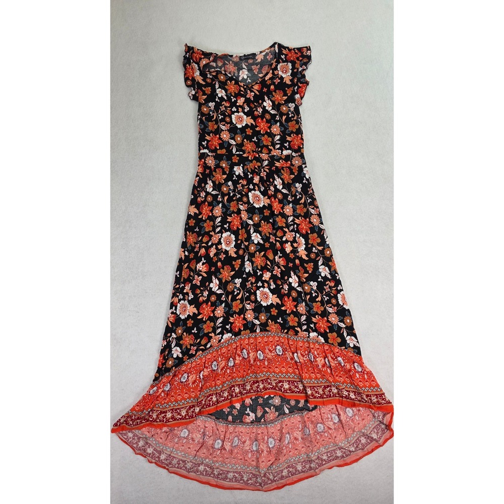 Prettygarden Women Large Maxi Dress Black Orange Floral Boho High Low Excellent